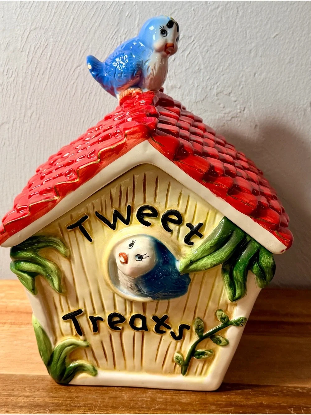 Vintage 1970s Tweety Treats Bluebird Cookie Jar | Ceramic Birdhouse Canister